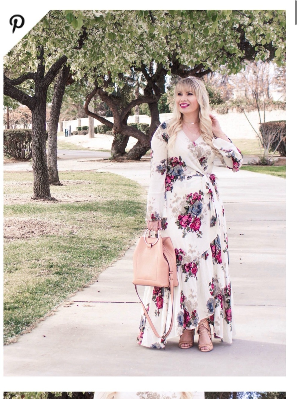 easel Cream Floral Wrap Maxi Dress with Pink Roses and Green Leaves